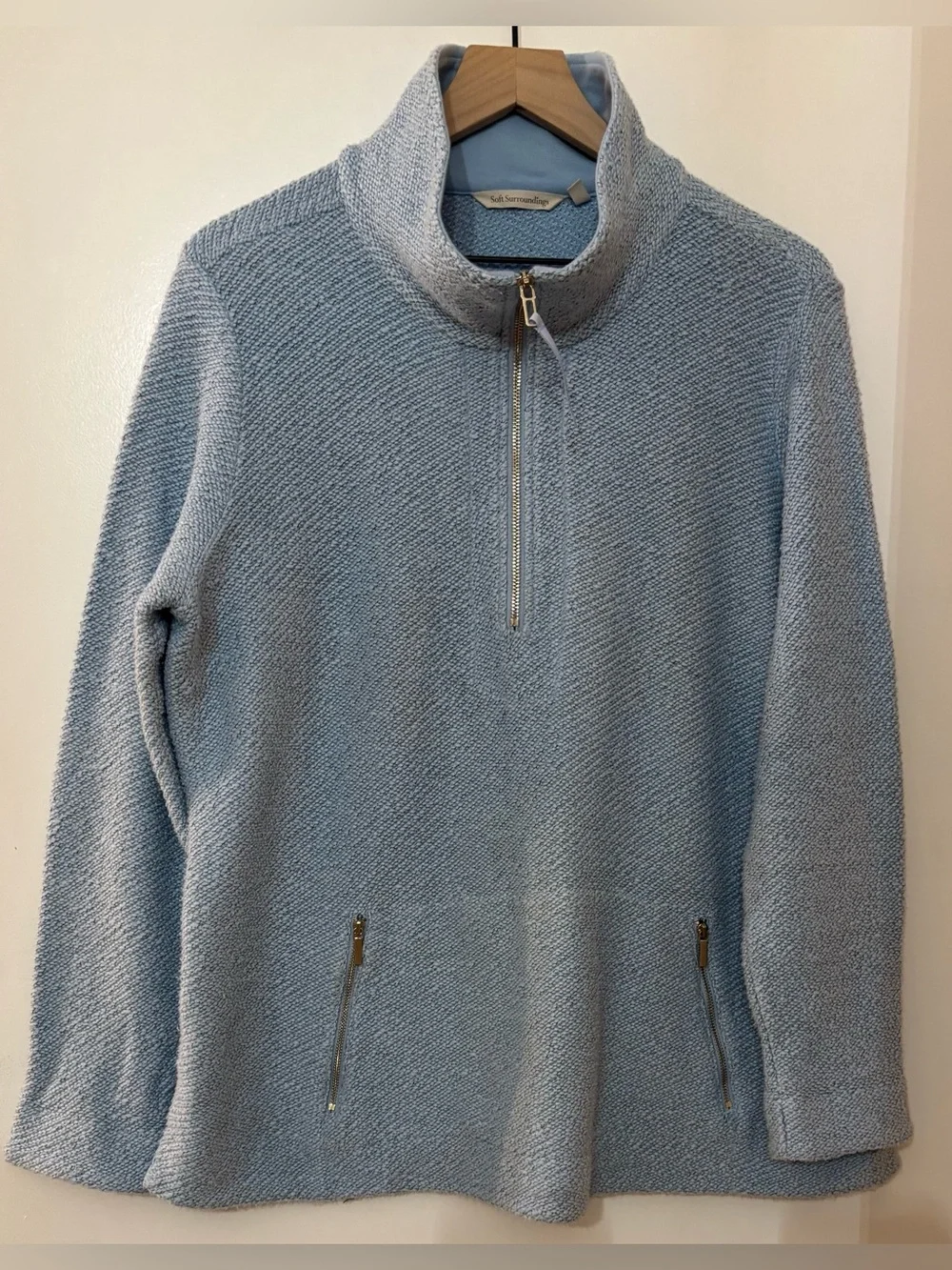 Soft Surroundings Light Blue Textured Loose Knit Cotton Quarter Zip Sweater PXL
